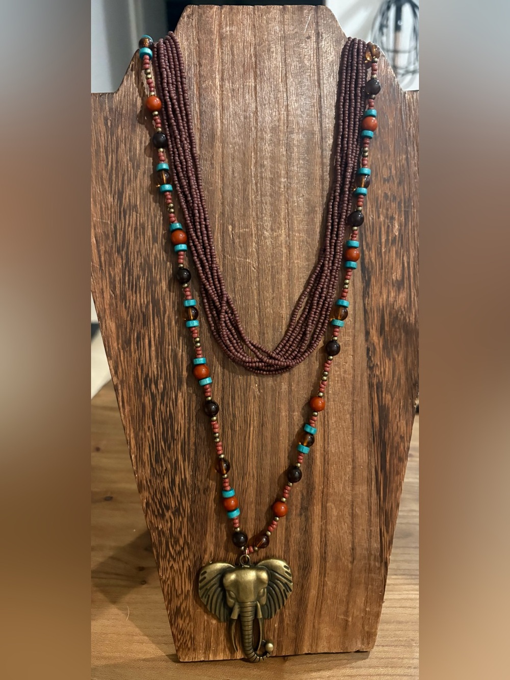 long Strand Brown and Turquoise Beaded Necklace w elephant & dead bead necklace